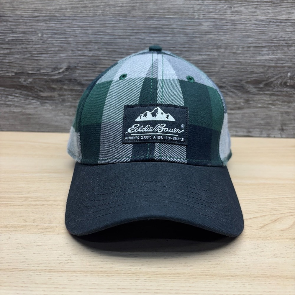Eddie Bauer Hat Cap Strap Back Green Black Gray Plaid‎ Patch Outdoor Hiking NWT
